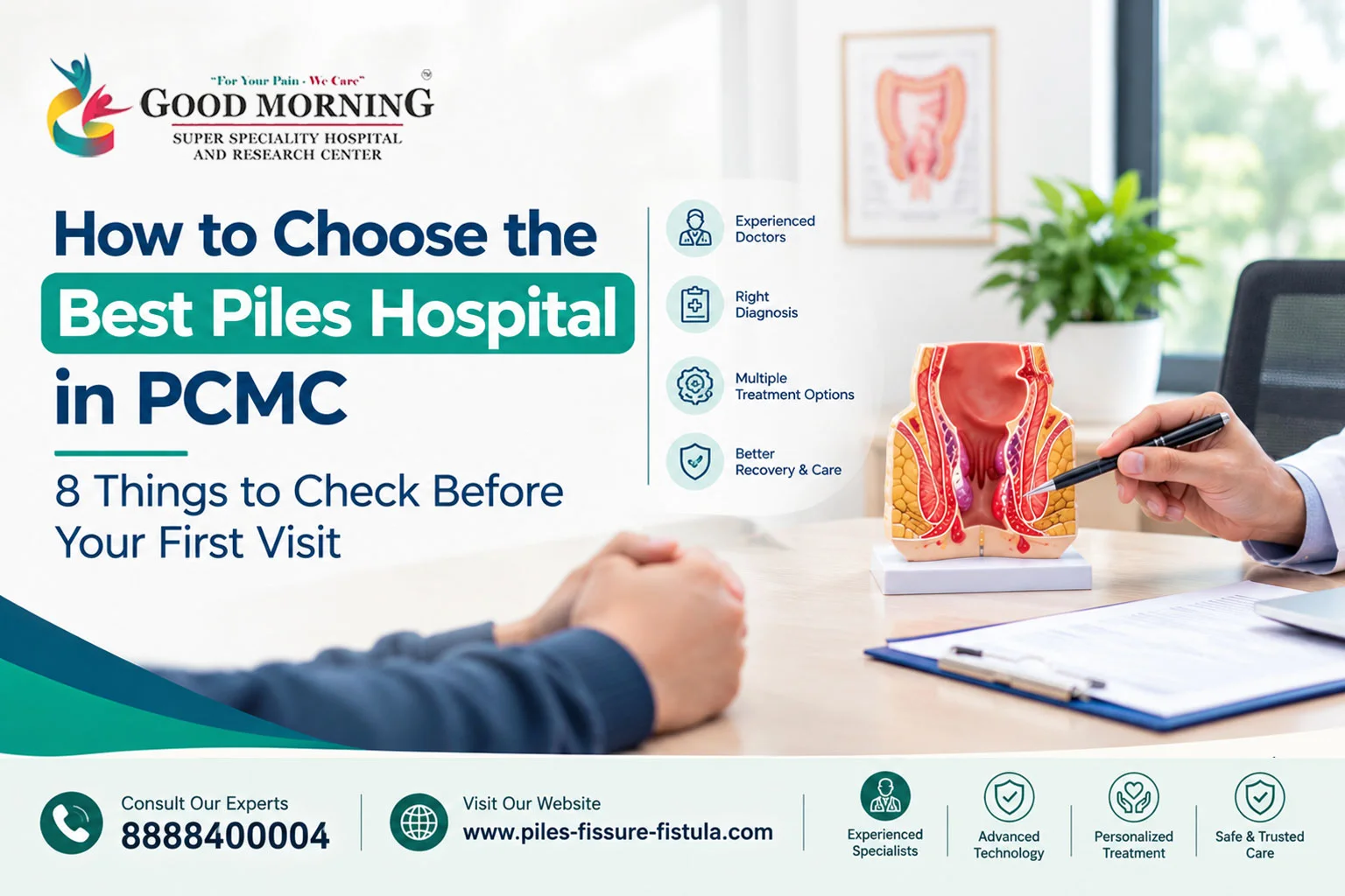 Patient asking questions at a hospital front desk before booking piles treatment in PCMC