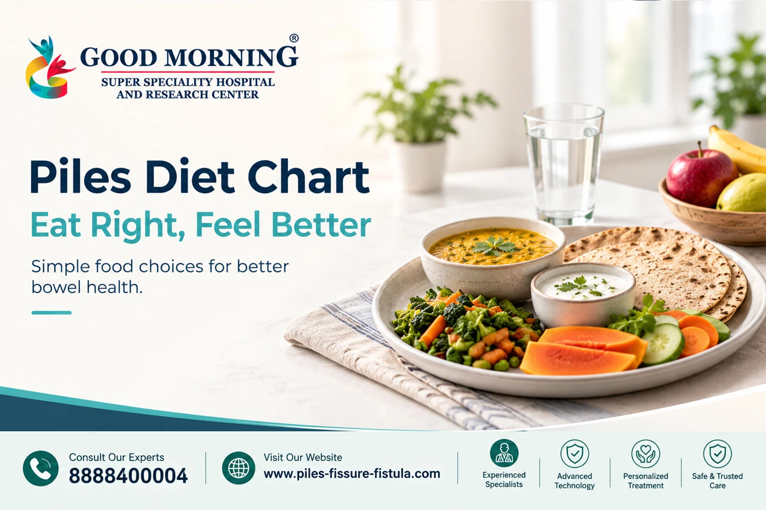 Indian piles diet chart with fruits, vegetables, dal, roti and a glass of water